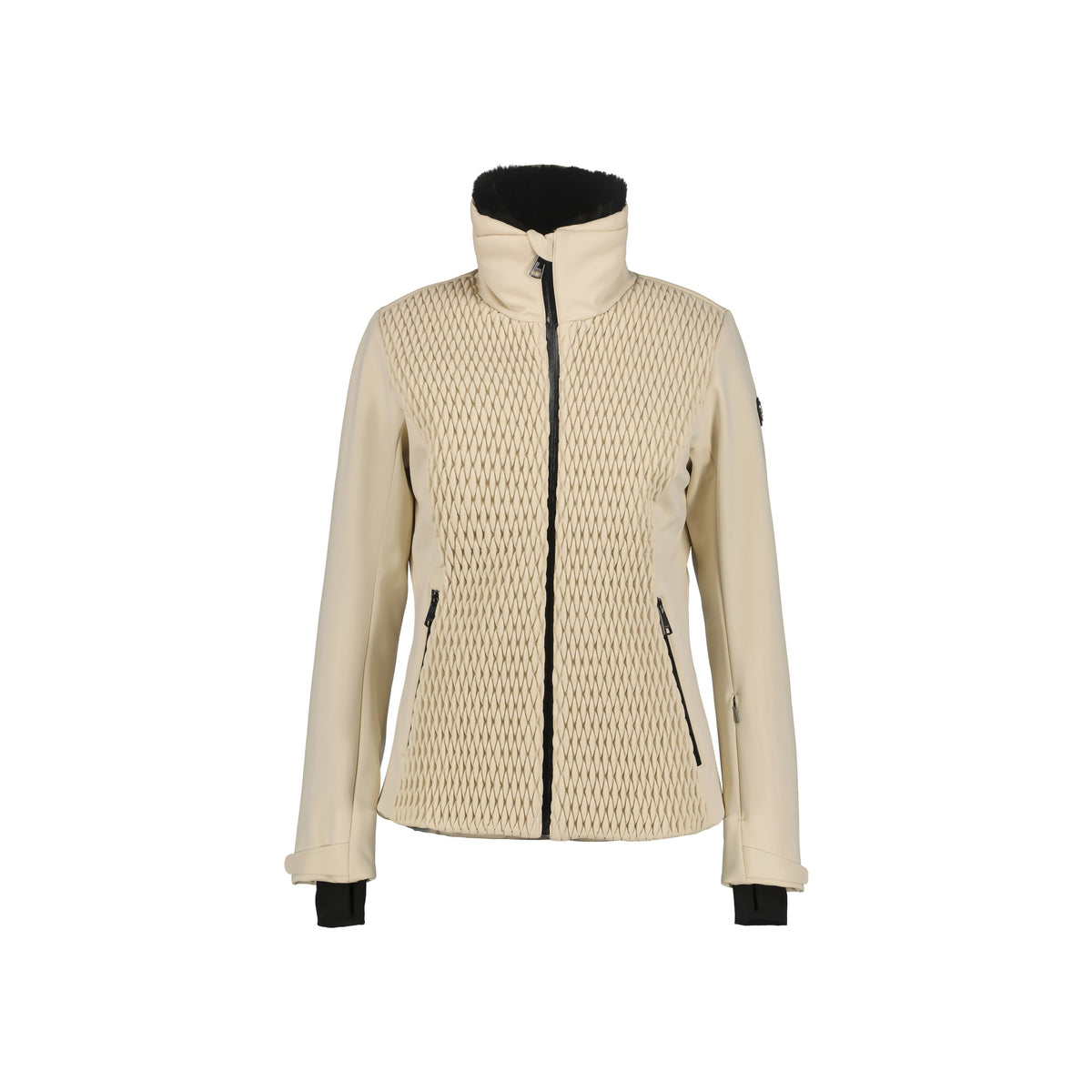 Beige dames vest met ritssluiting en geometrisch patroon op voorkant en zakken