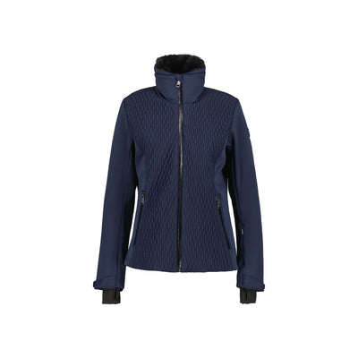 Donkerblauwe dames softshell jas met structuurpatroon en ritssluiting