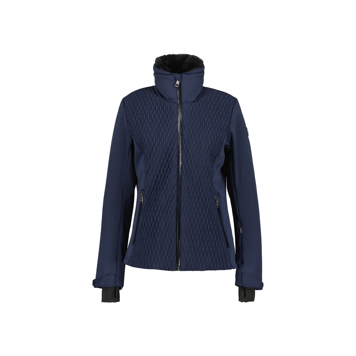 Donkerblauwe dames softshell jas met structuurpatroon en ritssluiting