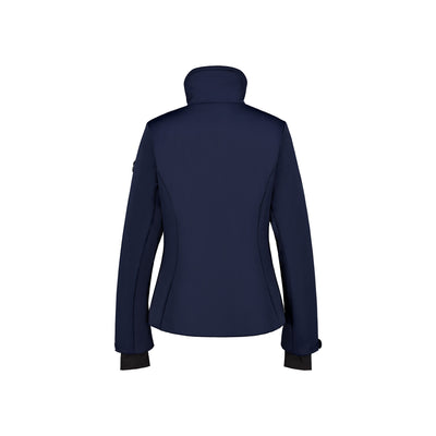 Donkerblauwe dames softshell jas met capuchon, achterkant - waterdicht en winddicht