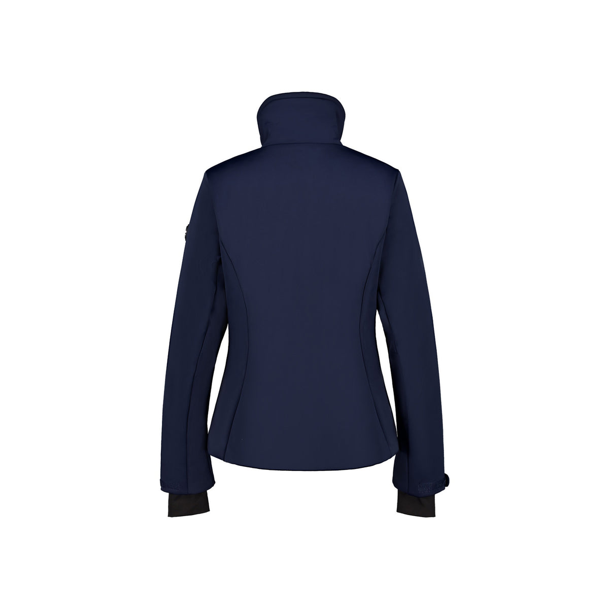 Donkerblauwe dames softshell jas met capuchon, achterkant - waterdicht en winddicht