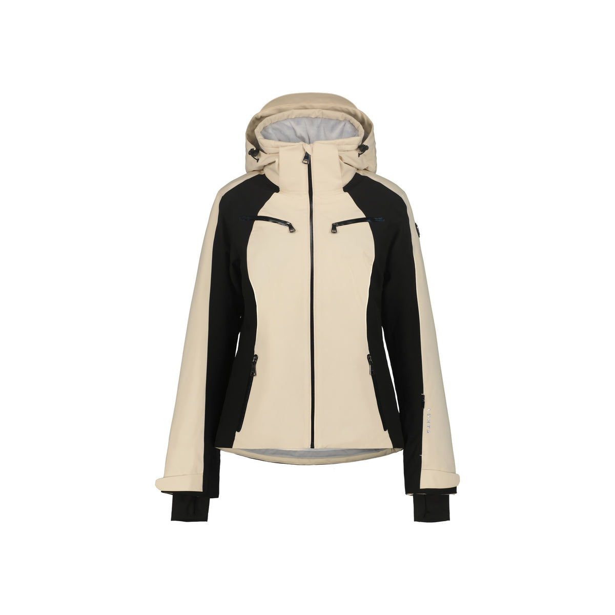 Dames ski-jas met capuchon in beige en zwart, waterafstotend met ritssluiting en zakken