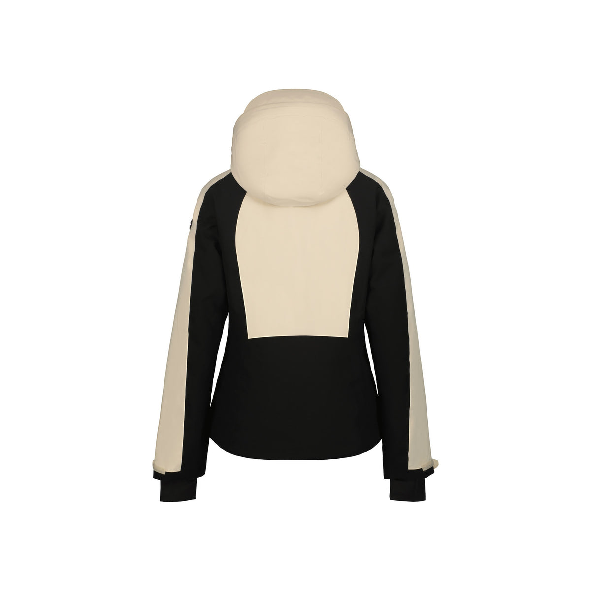 Dames colorblock hoodie in zwart, beige en wit met capuchon en lange mouwen op witte achtergrond