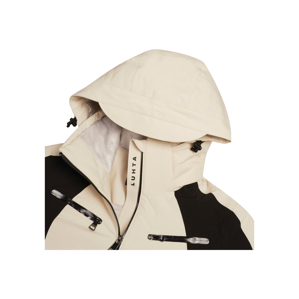 Crèmekleurige techwear jas met oversized capuchon en functionele gespen, futuristische stijl