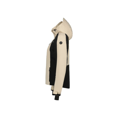 Beige dames jas met zwarte verticale strepen en staande kraag, zijkant weergave