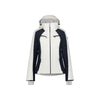 Witte en donkerblauwe dames skijas met capuchon en ritszakken