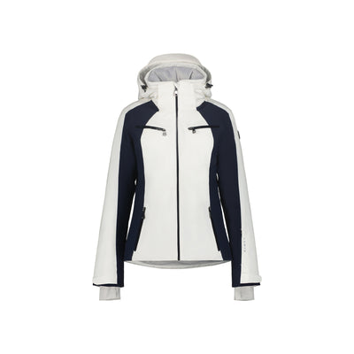 Witte en donkerblauwe dames skijas met capuchon en ritszakken