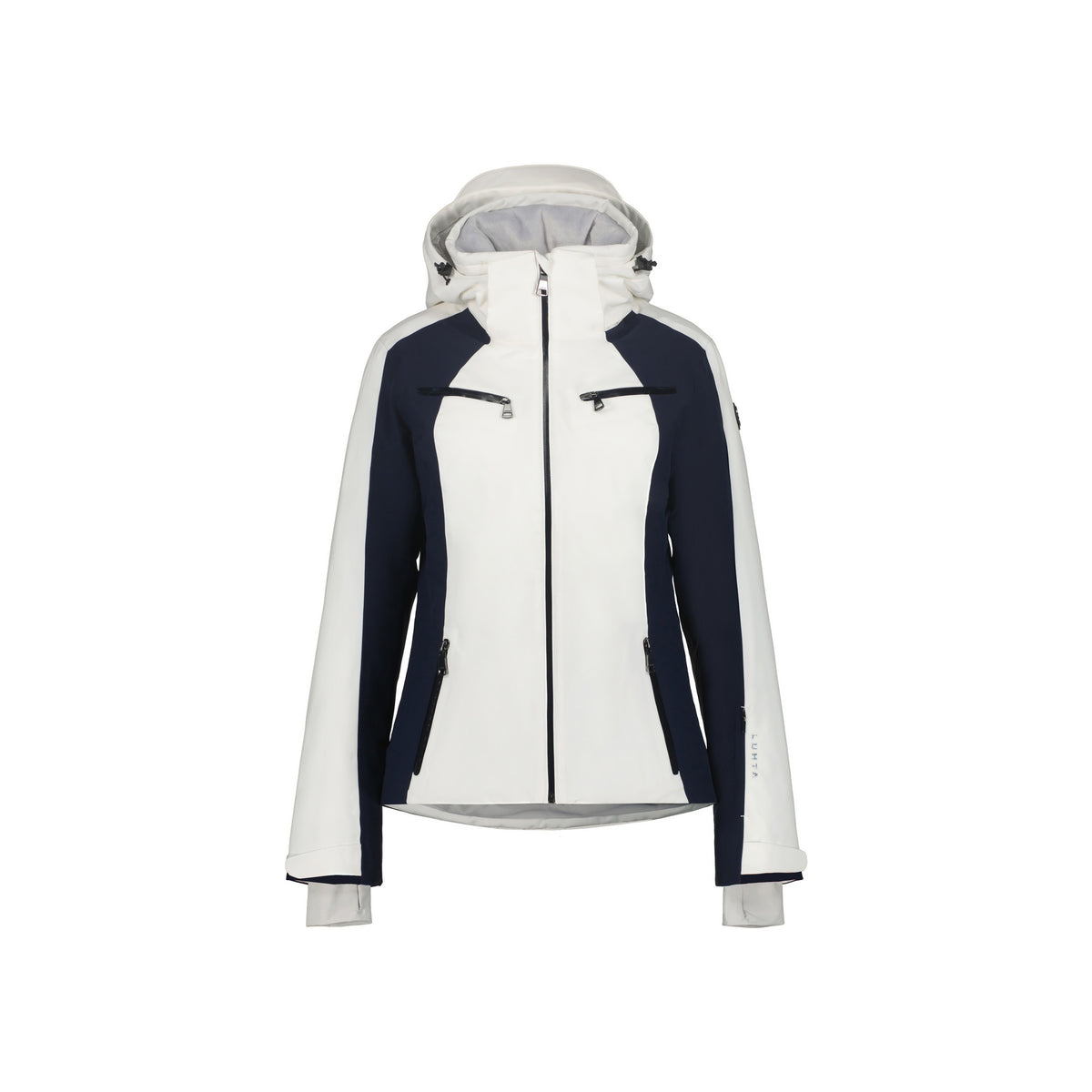 Witte en donkerblauwe dames skijas met capuchon en ritszakken