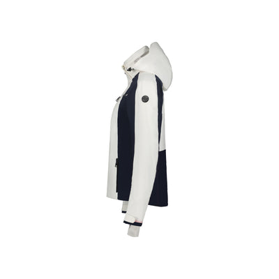Dames regenjas met capuchon in navy blauw en wit kleurblok design, zijaanzicht met lange mouwen
