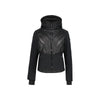 Zwarte dames hybride jas met gewatteerde voorkant en softshell mouwen met capuchon
