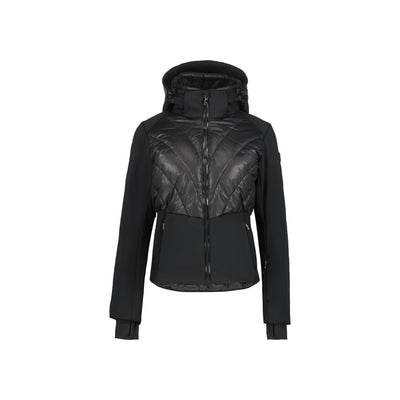 Zwarte dames hybride jas met gewatteerde voorkant en softshell mouwen met capuchon