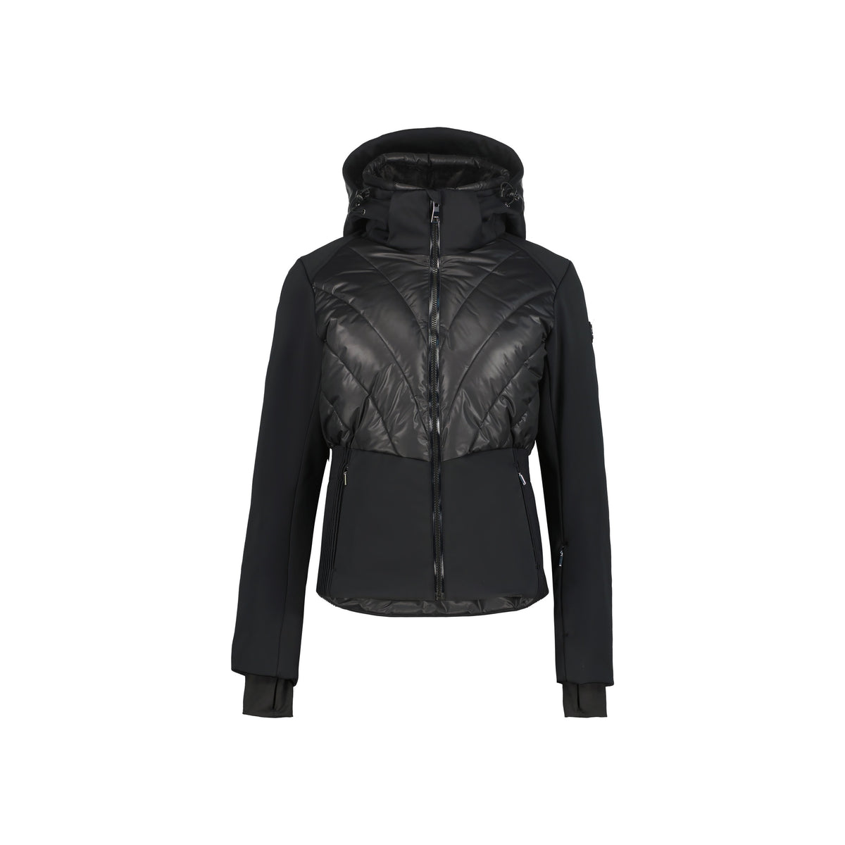 Zwarte dames hybride jas met gewatteerde voorkant en softshell mouwen met capuchon