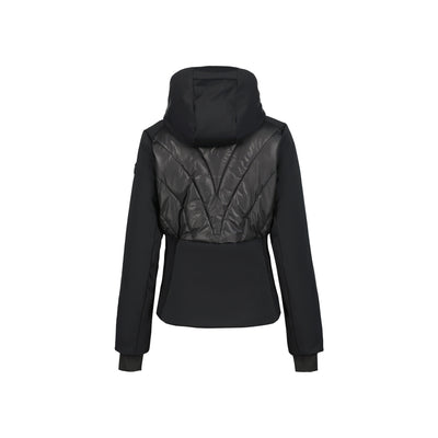 Zwarte dames softshell jas met gewatteerde voorkant en kraag, sportieve winterjas