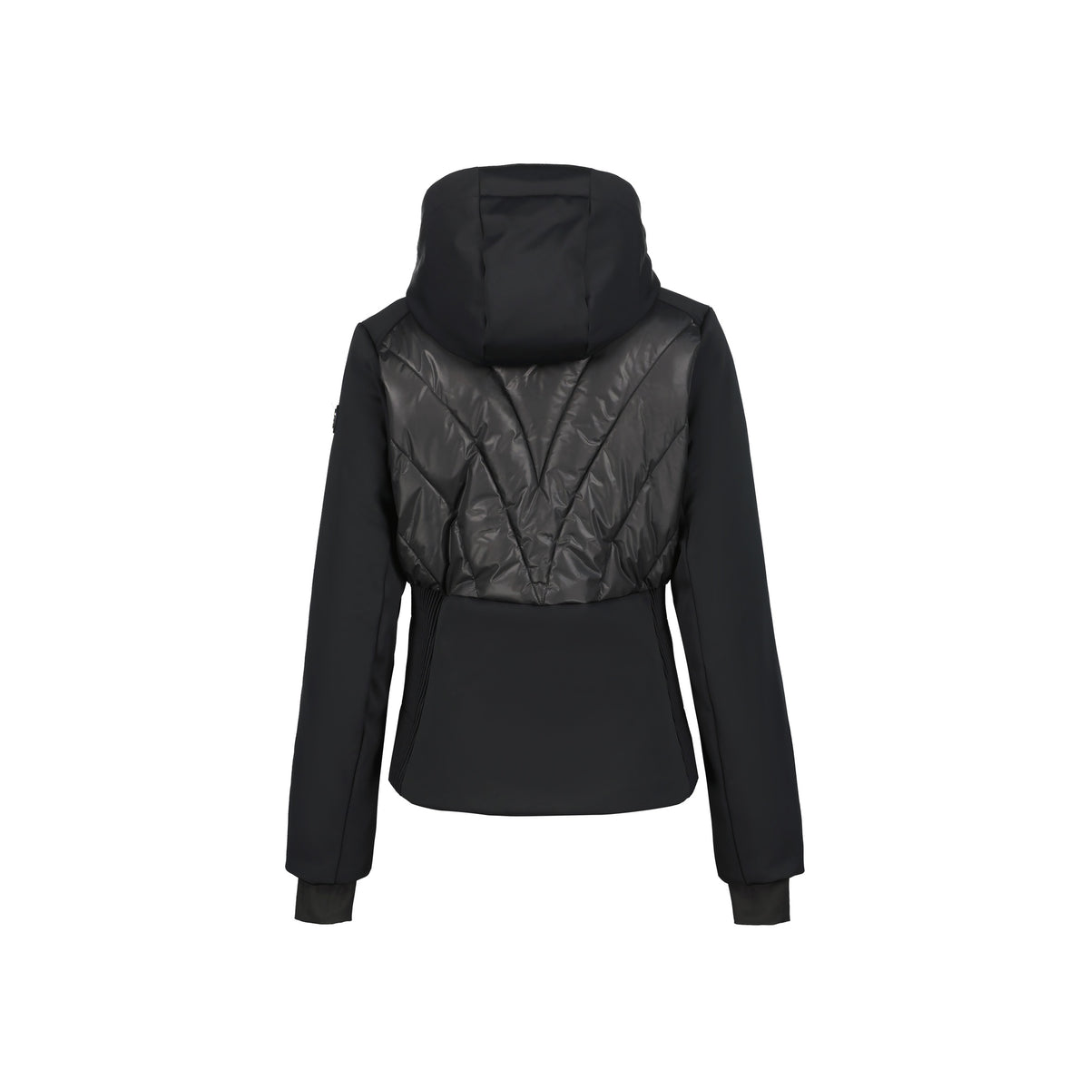 Zwarte dames softshell jas met gewatteerde voorkant en kraag, sportieve winterjas