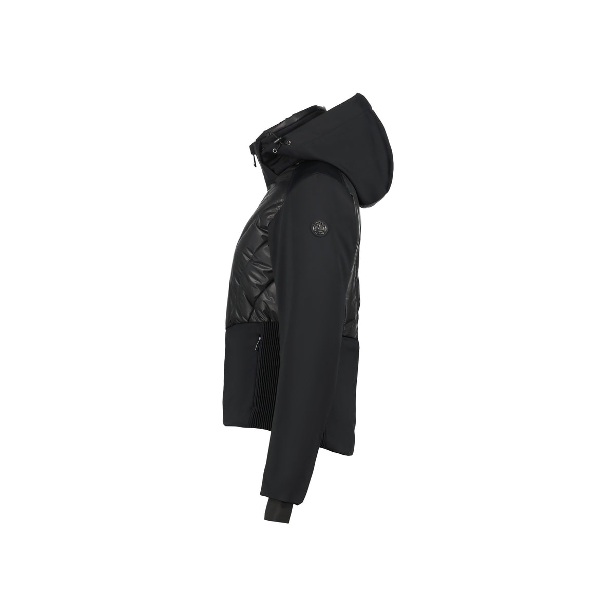 Zwarte winterjas met capuchon en geribbelde boordstukken, zijaanzicht met glanzende details