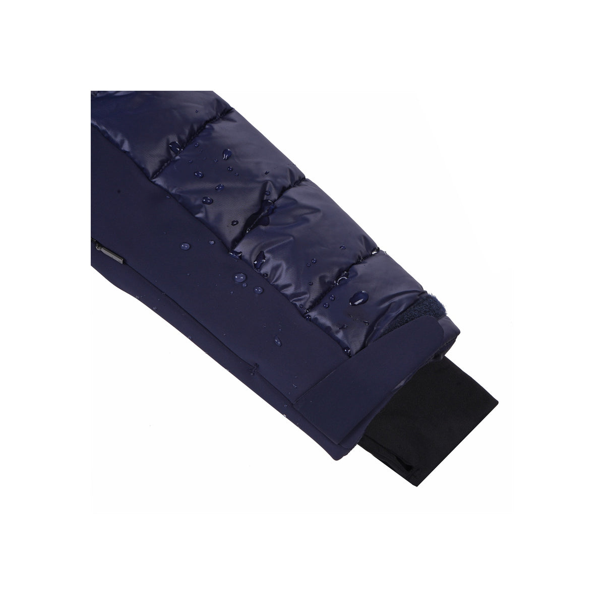 Donkerblauwe gewatteerde mouwedetail met elastische boord en waterafstotende afwerking