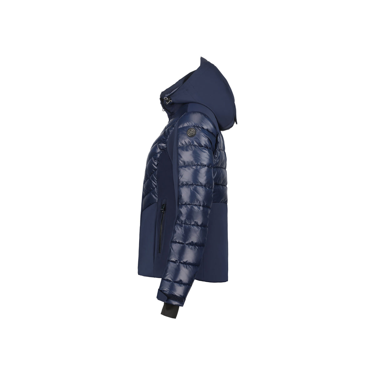 Donkerblauwe gewatteerde herenparka met capuchon en glanzende mouwen, zijaanzicht