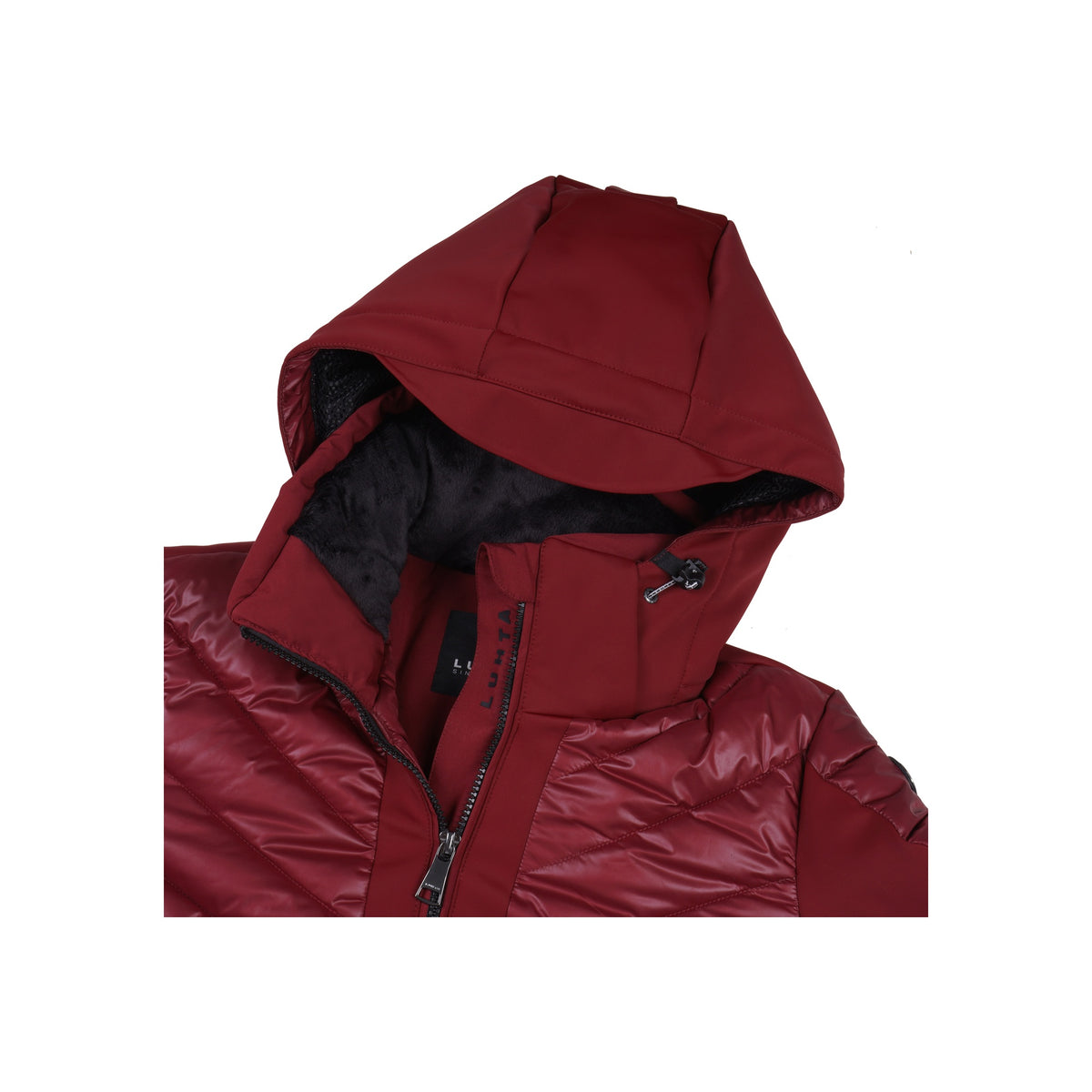 Rode gewatteerde winterjas met capuchon en ritssluiting, close-up van kraag en borstdetails