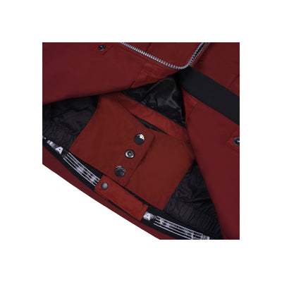 Rode bomberjack met zwarte kraag en rits, detail van binnenvoering en drukknopen