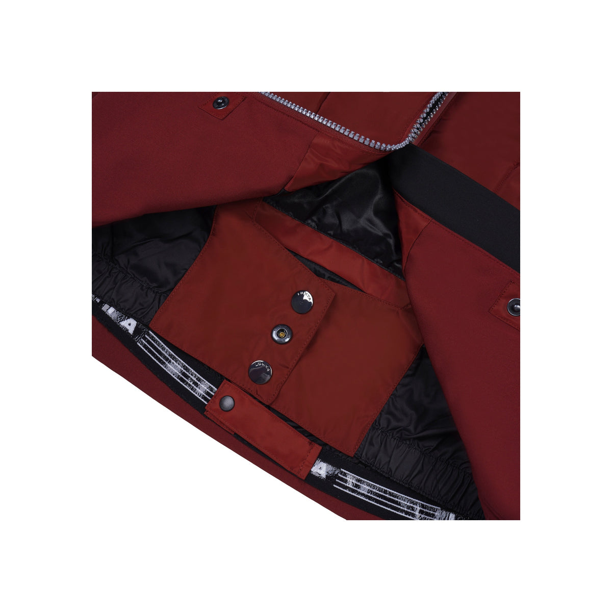 Rode bomberjack met zwarte kraag en rits, detail van binnenvoering en drukknopen