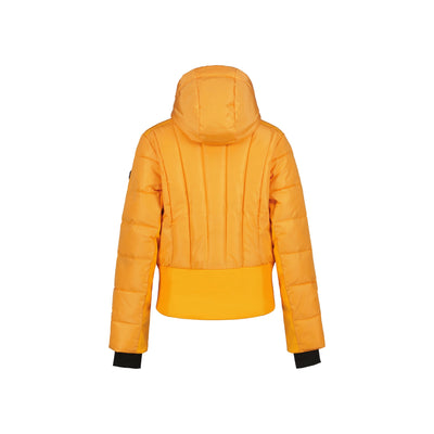 Gele gewatteerde winterjas met capuchon voor dames, achterkant met verticale stiksel details