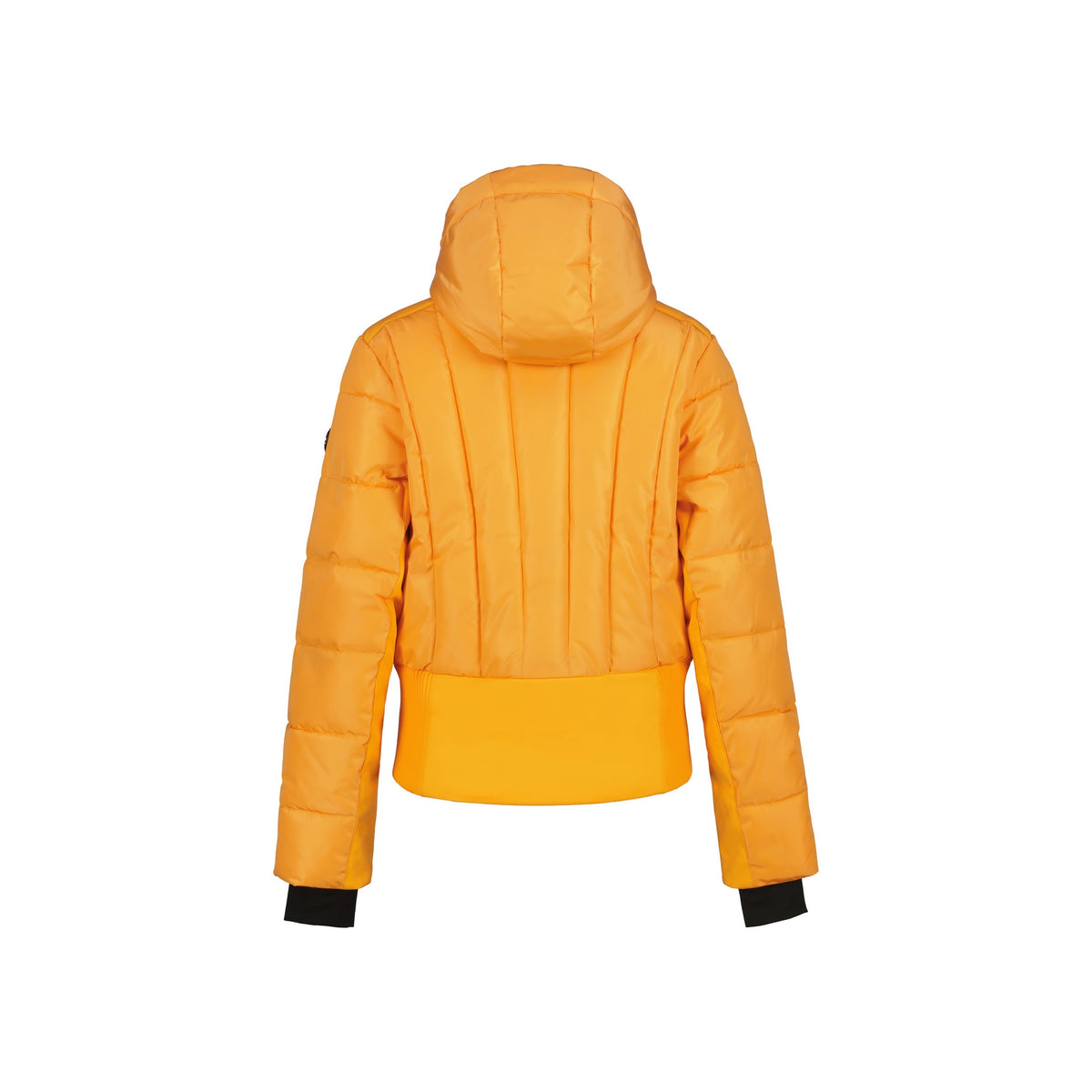 Gele gewatteerde winterjas met capuchon voor dames, achterkant met verticale stiksel details
