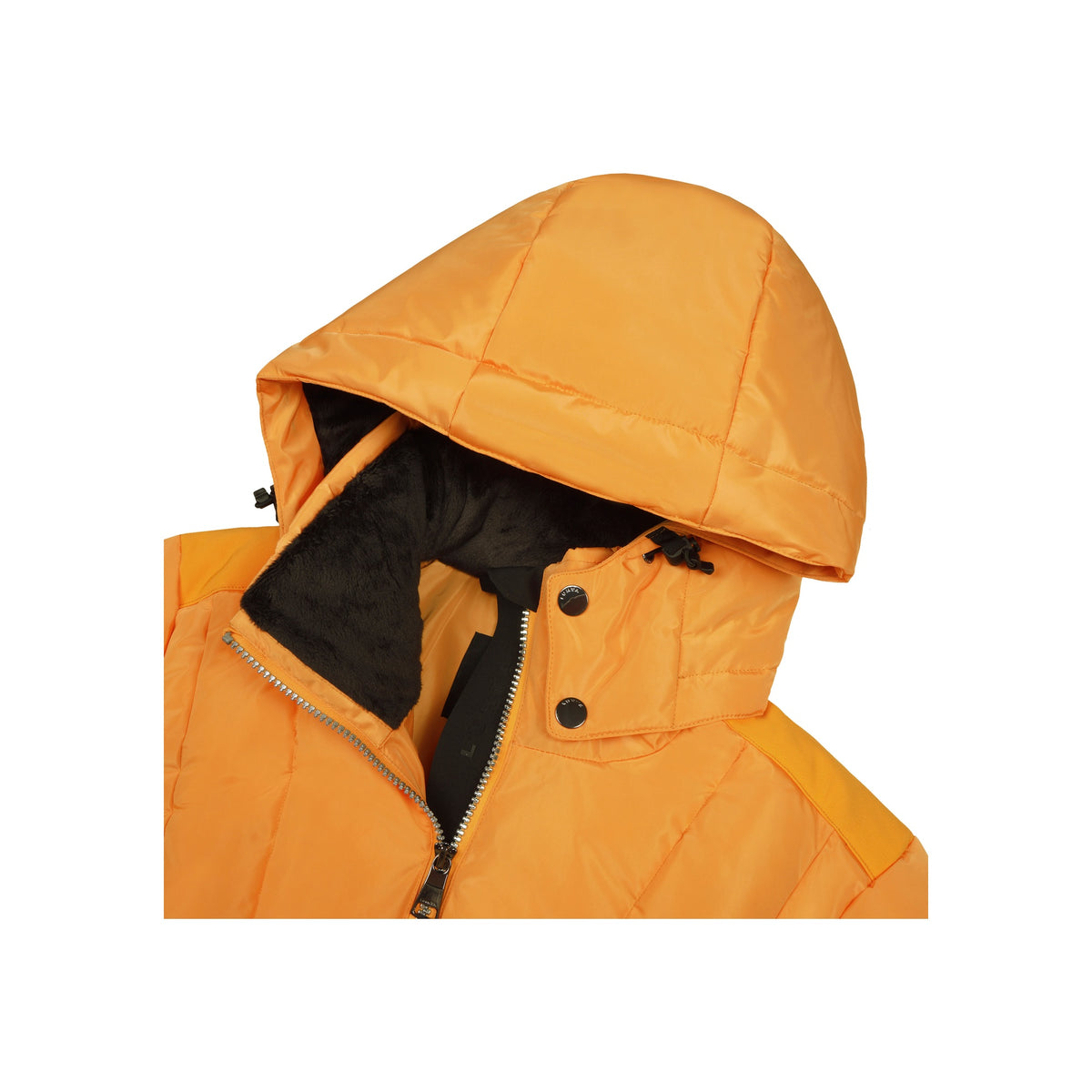 Oranje winterjas met capuchon en zwarte voering, close-up van kraag en ritssluiting