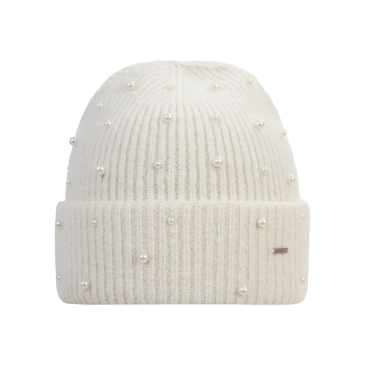 Witte geribbelde beanie met parelversiering en omgeslagen rand