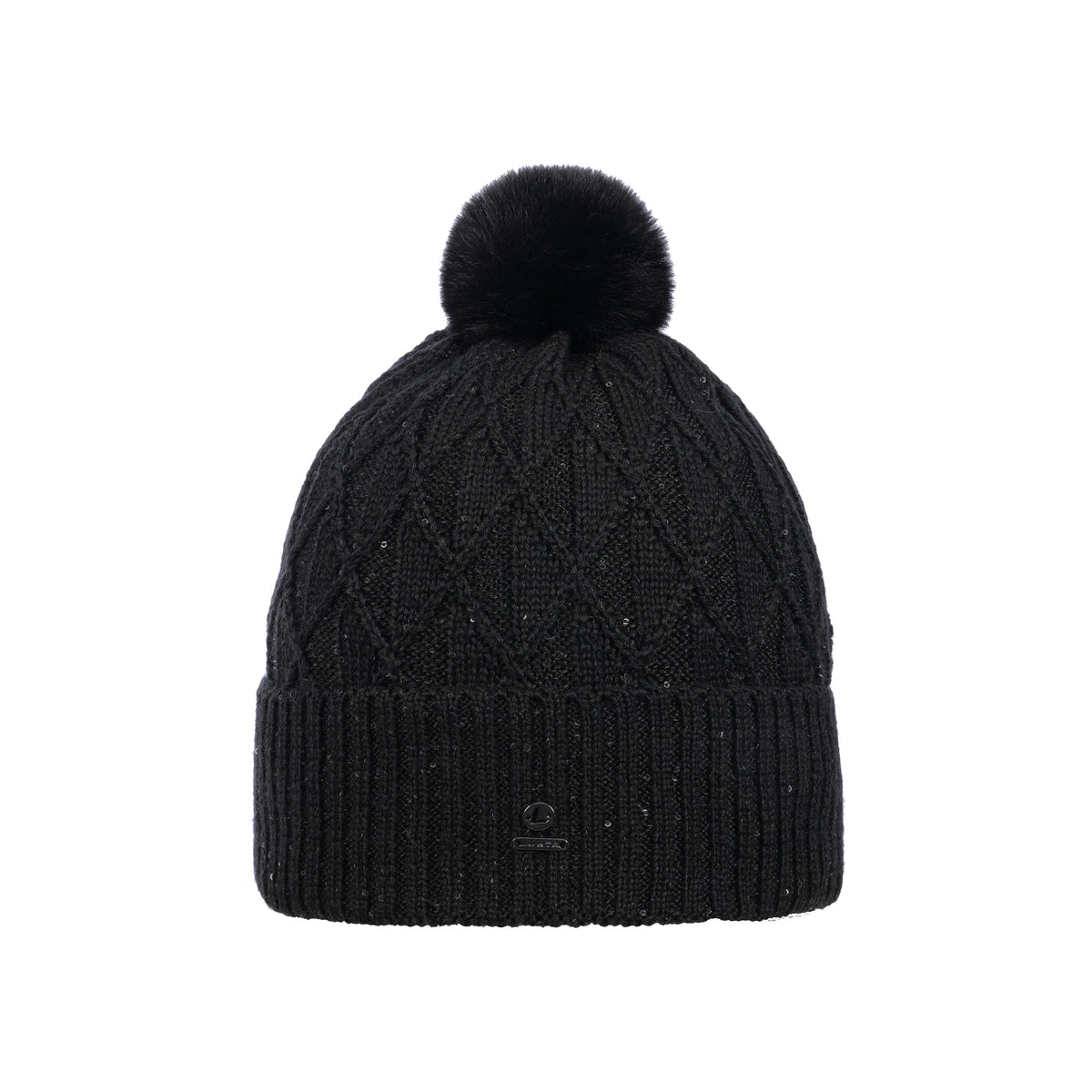 Zwarte gebreide muts met pompon en glitterdetails voor dames
