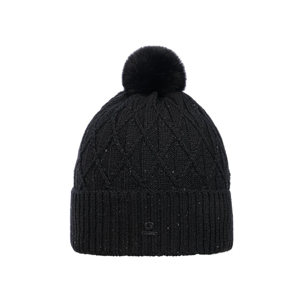 Zwarte gebreide muts met pompon en glitterdetails voor dames