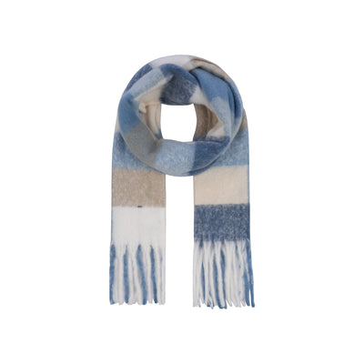 Gestreepte sjaal met franjes in blauw, grijs en wit - zachte wintersjaal voor dames