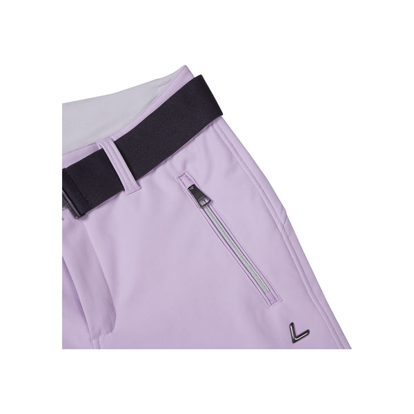 Lila rok met zwarte tailleband en ritszak detail, close-up van tailleband en zak