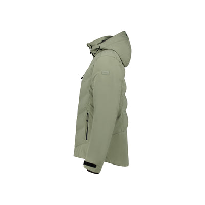Groene winterjas met capuchon en ritszakken, zijaanzicht van heren outdoor jas