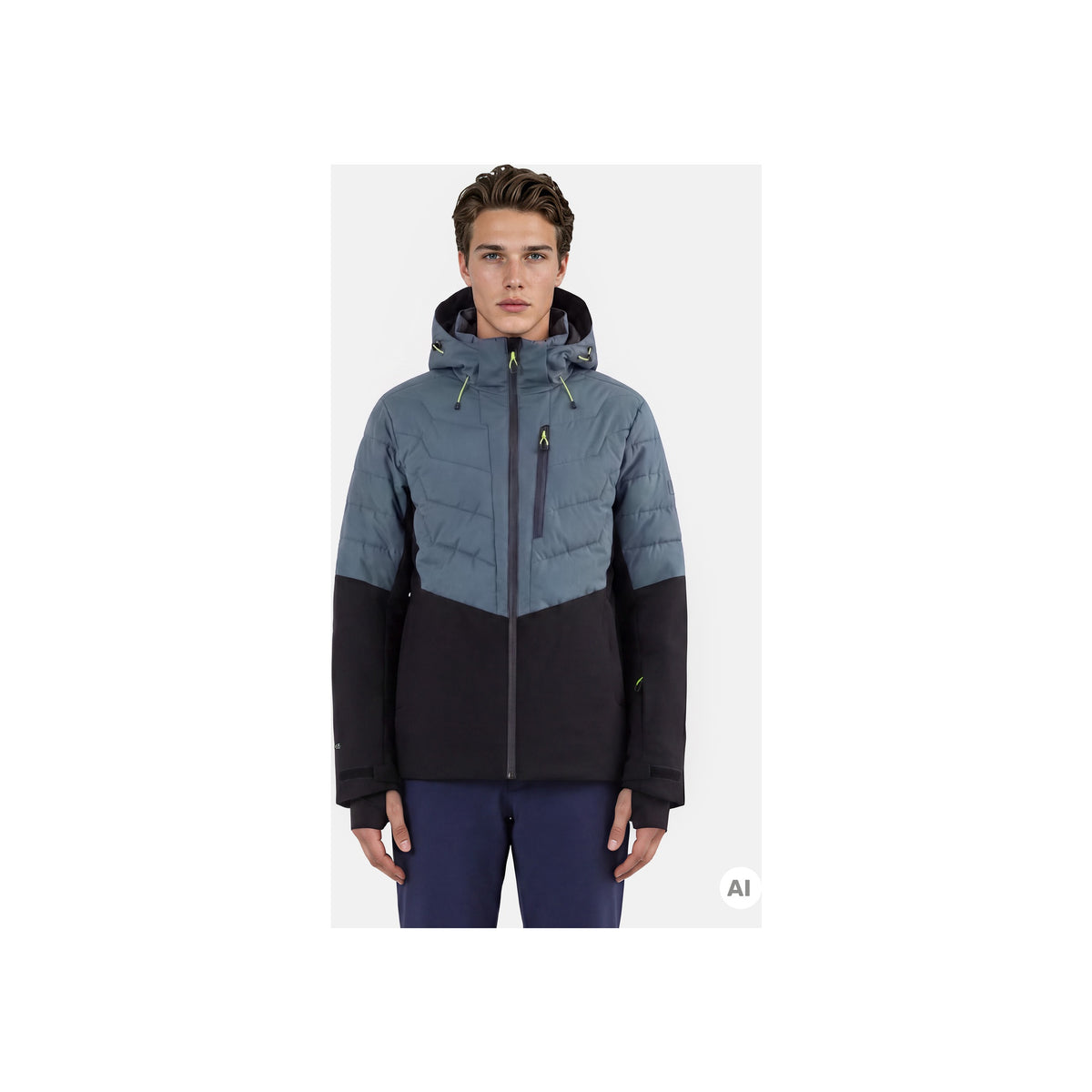 Heren ski-jas met capuchon, blauwgrijs en zwart, gewatteerde bovenkant met softshell onderkant