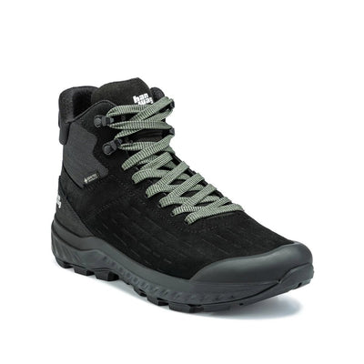 Zwarte waterdichte heren wandelschoenen met groene veters - hoge trekkingschoenen voor outdoor activiteiten