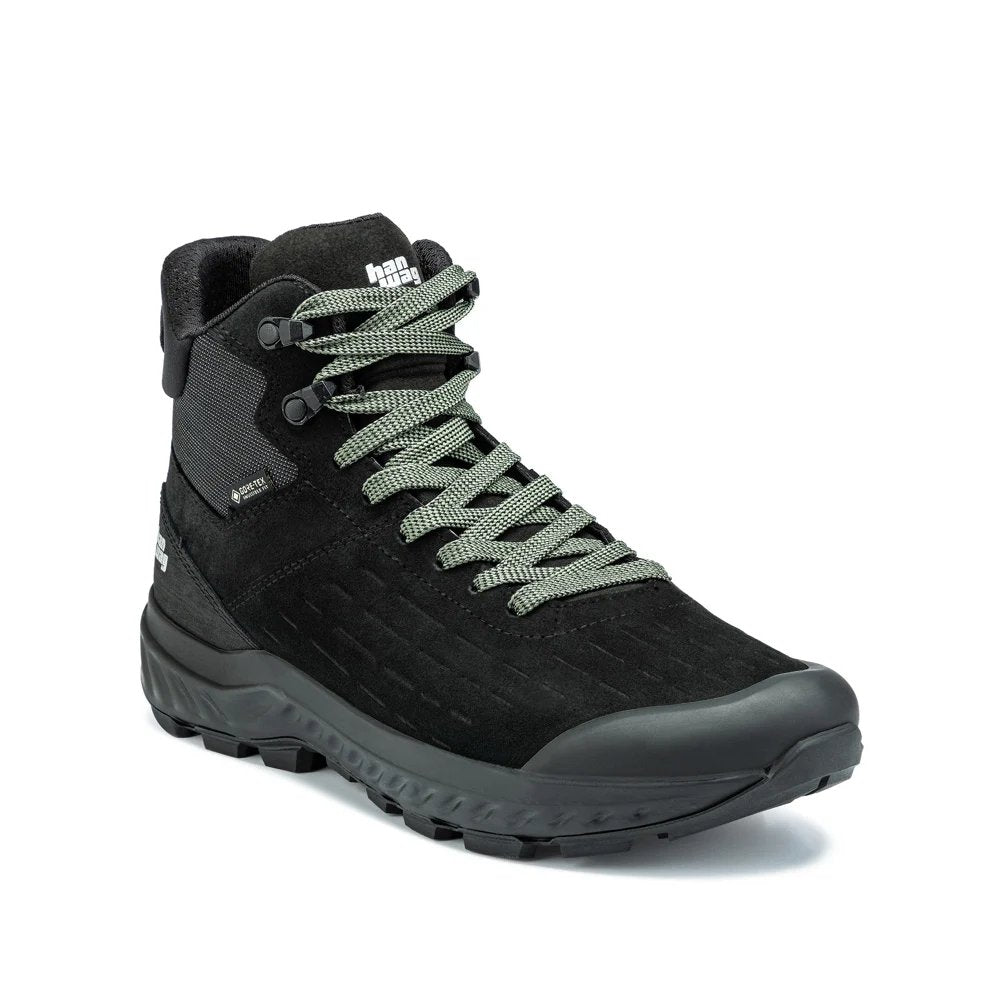 Zwarte waterdichte heren wandelschoenen met groene veters - hoge trekkingschoenen voor outdoor activiteiten