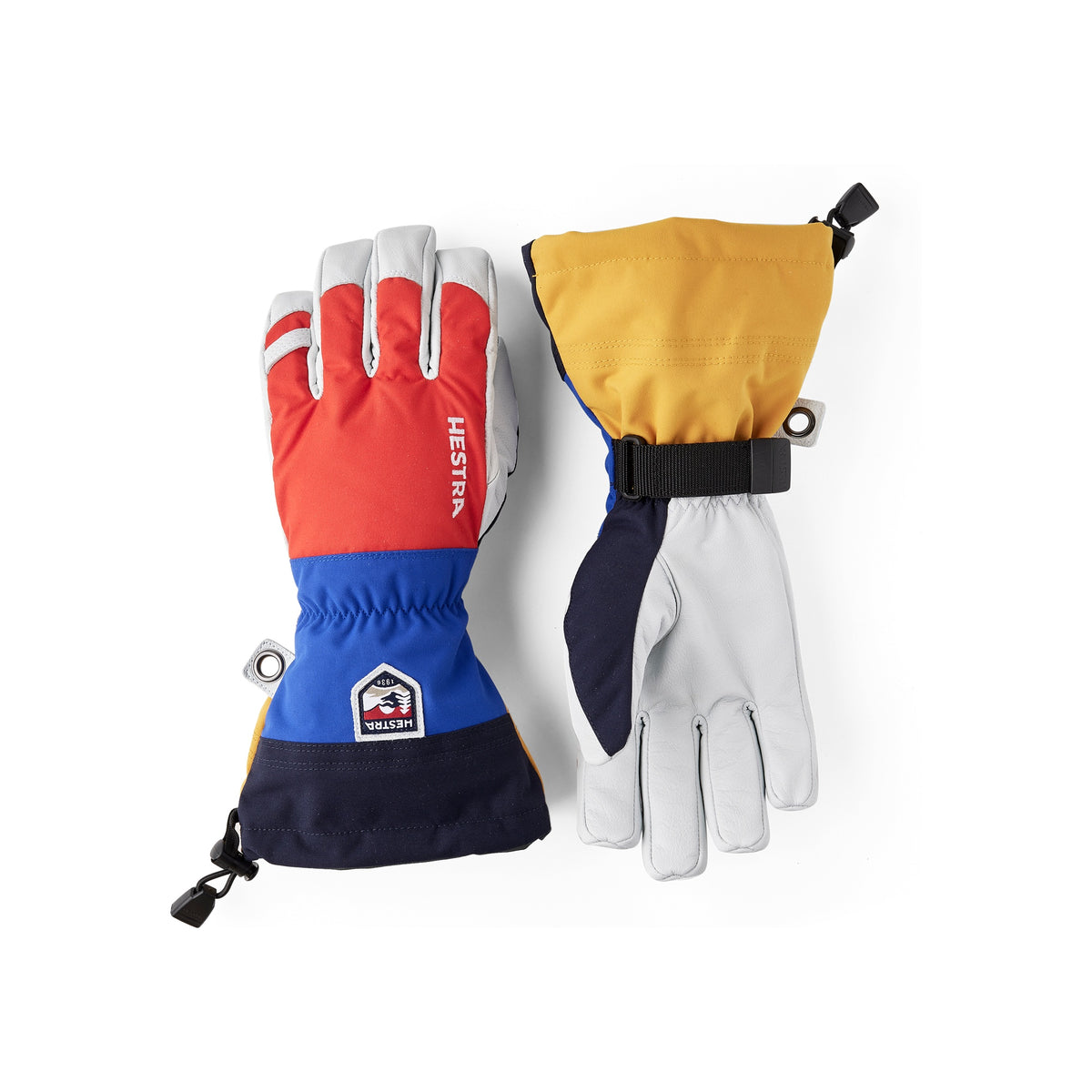 Gekleurde ski handschoenen met retro design in rood, geel, blauw en wit met verstelbare polsbandjes