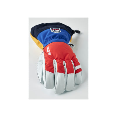 Hestra Army Leather Heli Ski handschoenen in rood, blauw en geel met wit leer