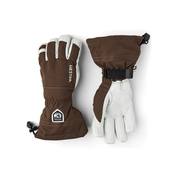 Bruine en witte skihandschoenen van Hestra met verstelbare polsbandjes, geïsoleerd voor wintersport