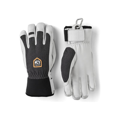 Witte en grijze winterhandschoenen met zwarte accenten en huislogo, getoond van voor- en achterkant