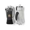 Witte en grijze winterhandschoenen met zwarte accenten en huislogo, getoond van voor- en achterkant