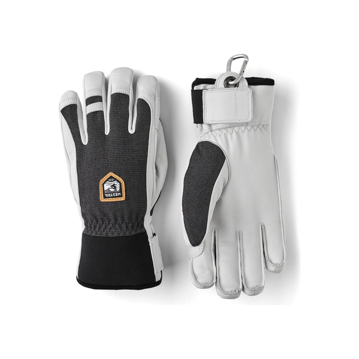 Witte en grijze winterhandschoenen met zwarte accenten en huislogo, getoond van voor- en achterkant
