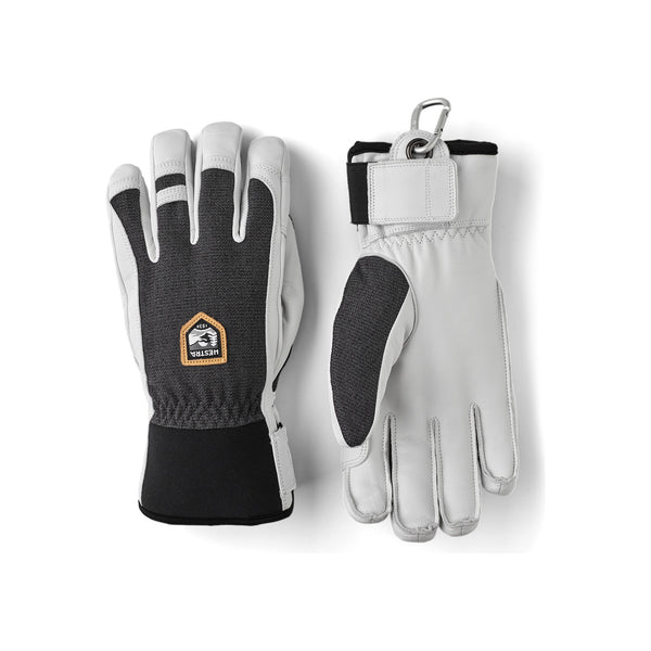Witte en grijze winterhandschoenen met zwarte accenten en huislogo, getoond van voor- en achterkant