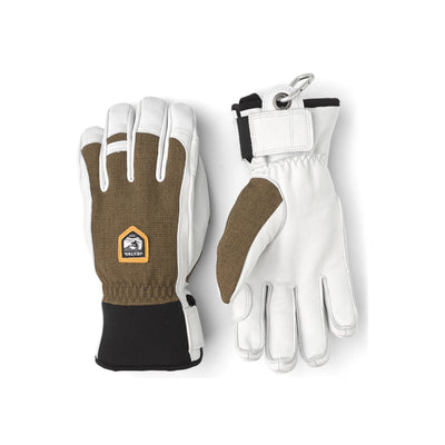 Hestra Army Leather Patrol handschoenen in bruin en wit met logo, outdoor werkhandschoenen