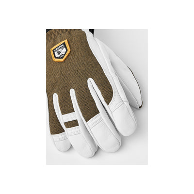 Olijfgroene werkhandschoenen met witte leren palm en vingers, professionele veiligheidshandschoenen