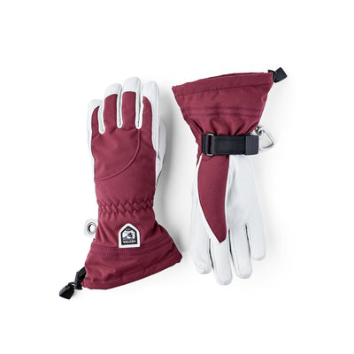 Bordeauxrode verwarmde handschoenen met witte accenten en verstelbare polsband