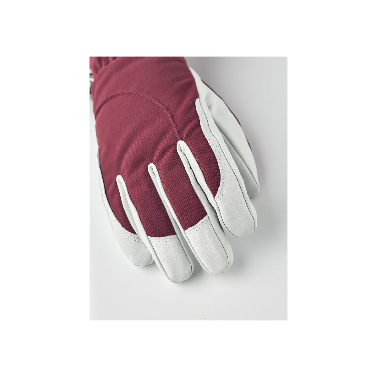 Bordeaux rode tuinhandschoenen met witte leren vingers en handpalm, functioneel werkhandschoen detail