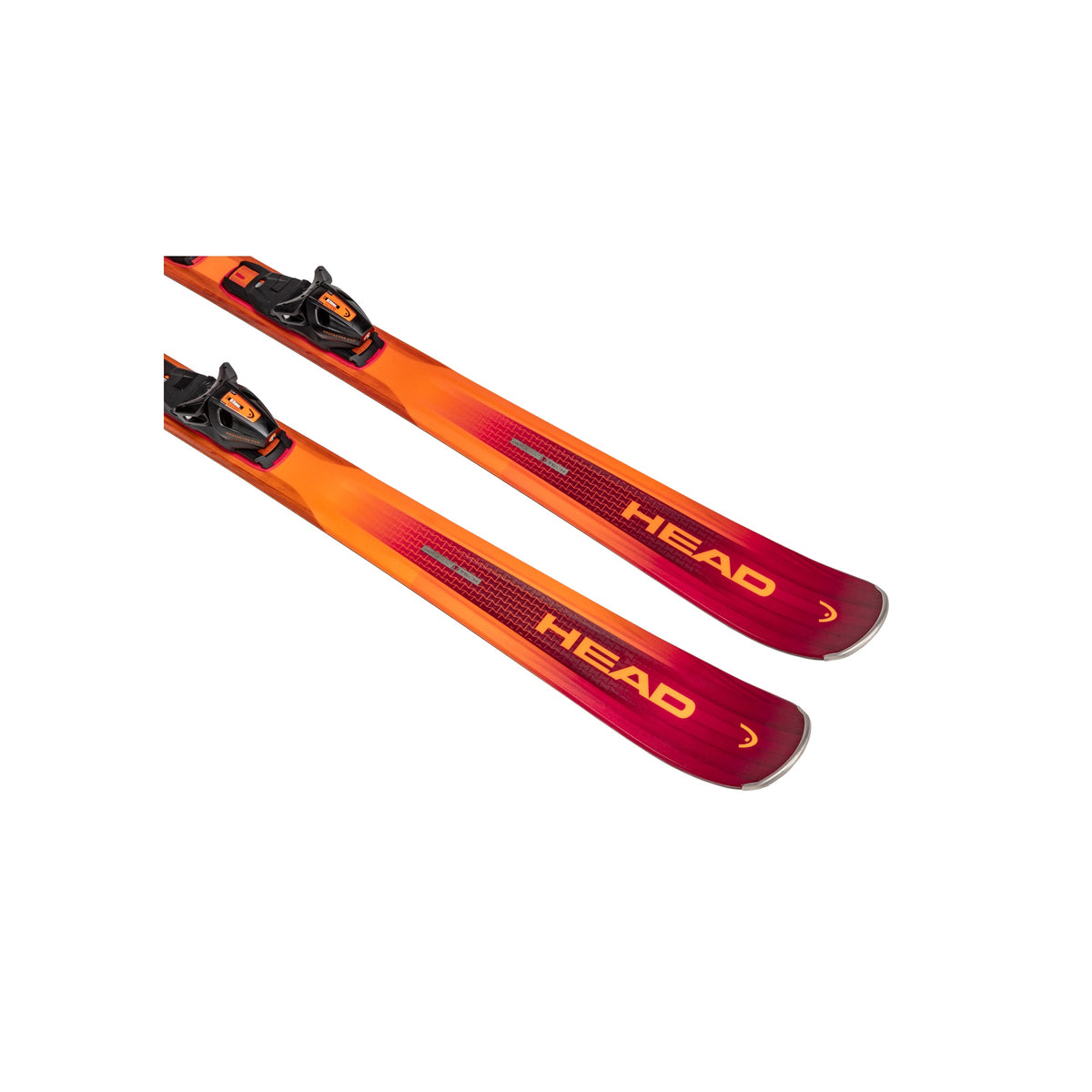 HEAD ski's oranje-roze met bindingen, bovenaanzicht van alpine ski's voor dames