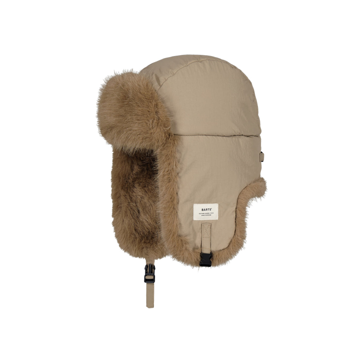 Beige wintermuts met nepbont en oorflappen, verstelbare kinband en warme voering