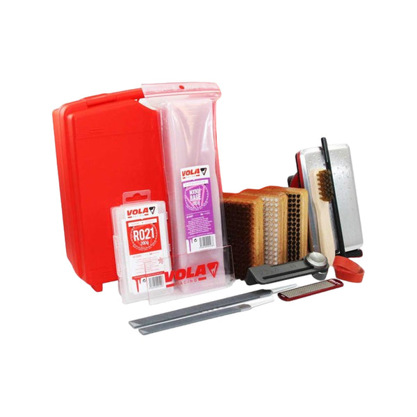 VOLA Alpine Set includes : 1 corner club 88°, 1 file 200mm, 1 file 150mm, 1 diamond plate 600, 1 waxing iron VOLA, 1 nylon brush, 1 brass brush, 1 horse hair brush, 1 file brush, 1 scraper 3mm, 2 break retainers, 1 MX901 500g, 1 R021 200g